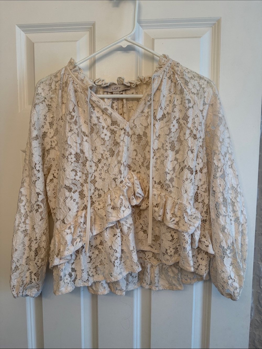 LOFT Cream Lace Ruffle Tie-Neck Blouse